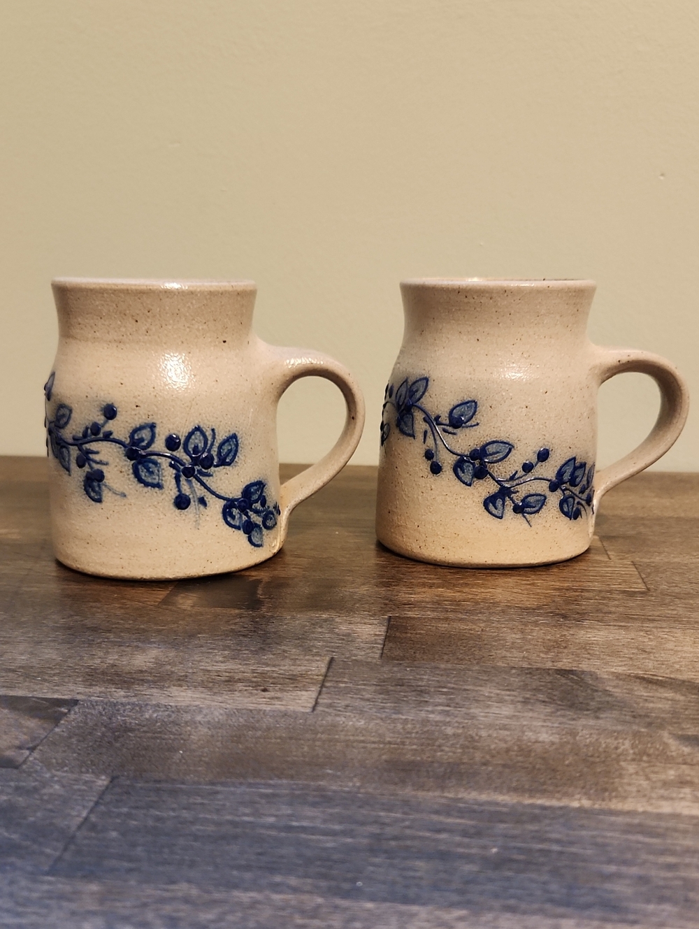Pair Of Salmon Falls Stoneware Blue Vine Pattern Mugs - Dover, NH